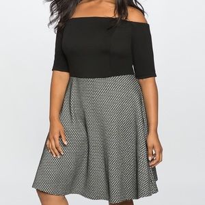 ELOQUII Off the Shoulder Mixed Media Black/ White Dress plus size 18 2x